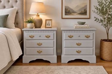 Pair of Light Gray 3-Drawer Nightstands with Brass Hardware