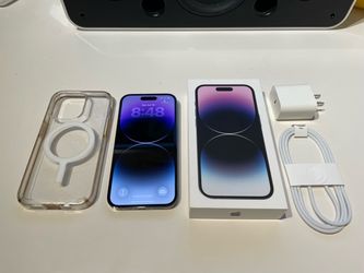 Apple iPhone 14 Pro 256GB 100% Battery Deep Purple Box + Charger + MagSafe Case