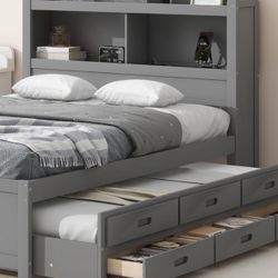 2 Bed In One Full And Twin  Wood Brown Cherry 