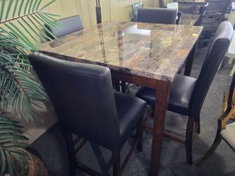 Brand new brown faux marble counter high dining table (42"×42"×36"H) + 4 brown faux leather chairs