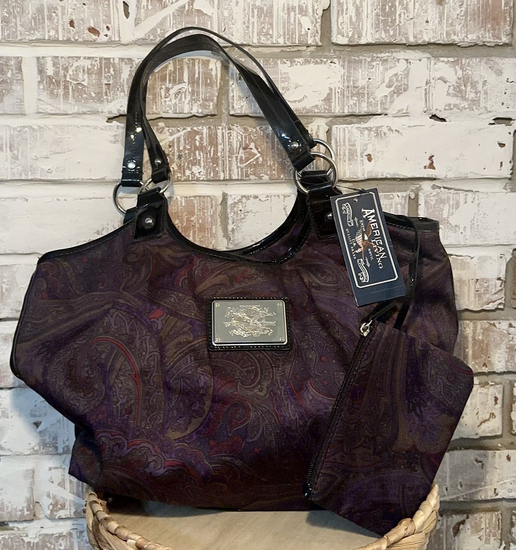 American Living Paisley Shoulder Bag & Wallet NWTPurple Black 17” Patent Leather