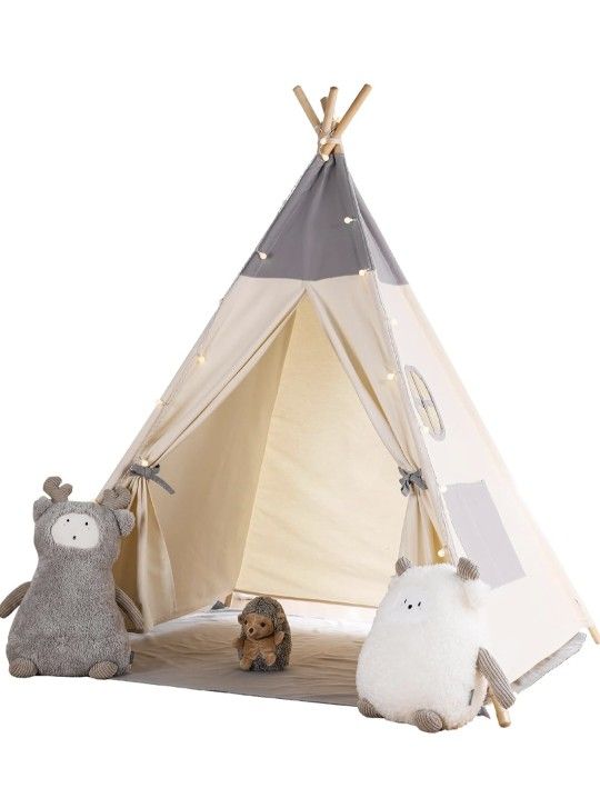 Teepee Tent for Kids with Light & Mat, Kids Tents Indoor Play Tent Playhouse, Toddler Teepee 100% Cotton, tee Pee Tents for Kids Indoor, Kids Teepee,C