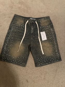Valley Sports Division black denim shorts with white speckles, size 34