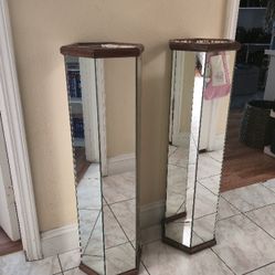 1970's Mirror & Oak Hexagon Art Pedestals 35" Tall