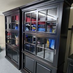 Pair Black Wood Lighted  Display Cabinet Hutch Bookcases