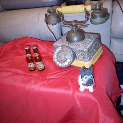 Vintage Victorian Style Antique Phone Rotary With A German Shepherd Nodder And Two Glass Beer Bottles Salt And Peppettr Shackesrs