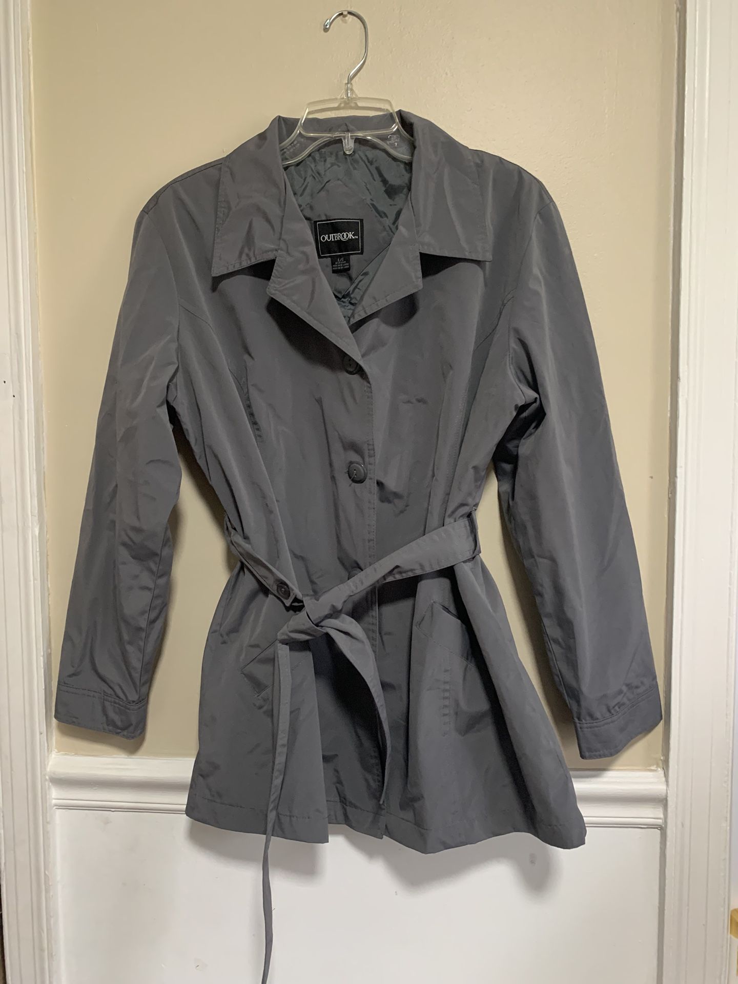 OutBrook Size L 12-14 Women's Gray Rain Coat Button Jacket Lined Belted Pockets