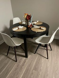 Round Black Dining Table with 4 White Chairs