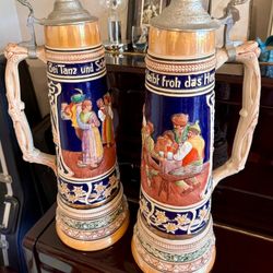 Vintage German Beer Steins Pair with Pewter Lid 22” Tall-Magnificent. 