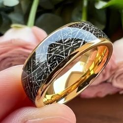 Men's Women's 8mm Tungsten Gold Black Meteorite Inlay Comfort-Fit Engagement Wedding Band 11