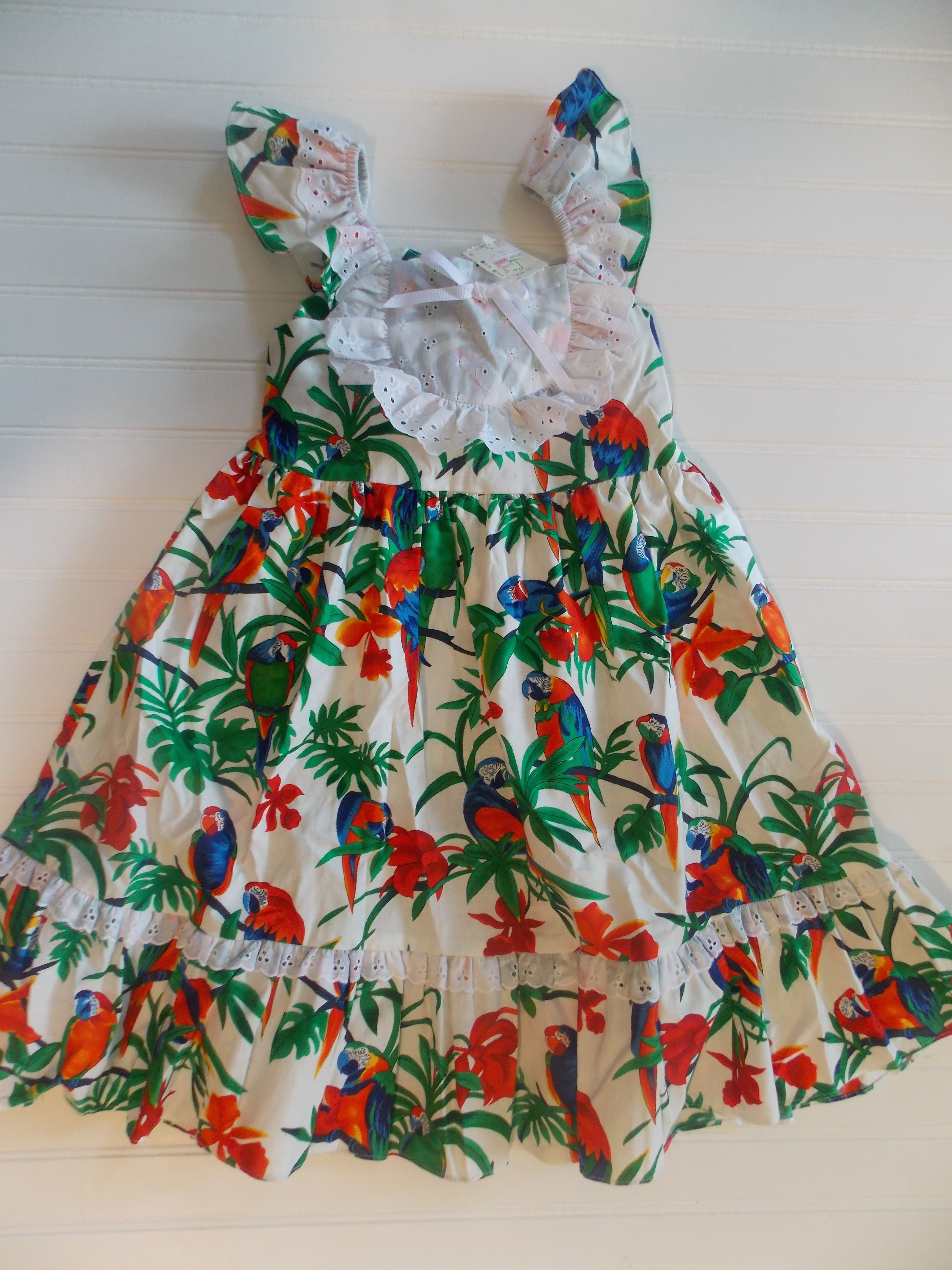 Vintage 60's NWT Kole Kole Hawaii USA Parrot Palm Leaves Lace Ruffle Dress Girl 8