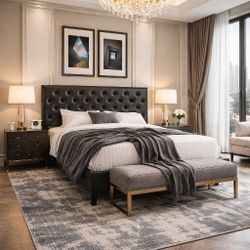 Full Bed Platform Bed Frame, Adjustable Faux Leather Headboard with Diamond Stitch and Button Tufted, Sturdy Wood Slats, Easy-Assembly, No Box Spring