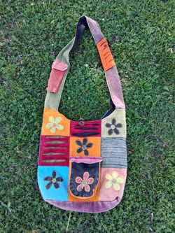 Vintage Crossbody 60's Retro Boho Hobo Peace Flower Power Denim Shoulder Baggie Sack 14" x 14"...USED, BUT NICE!...asking $30.00