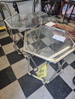 Pair of hexagonal side tables, price is for both, you just have to clean them up some more, metal with glass construction but fairly lightweight, ju