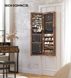6 LEDs Mirror Jewelry Cabinet, 47.2-Inch Tall, Lockable Jewelry Armoire Organizer, Wall or Door Mounted, Rustic Brown and Ink Black, BERIT Collection 