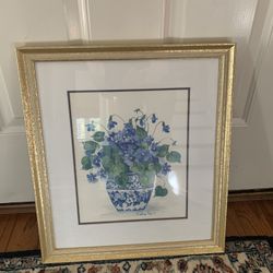 Barbara Mock Blue Violets Floral Vase Framed Print 