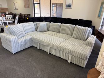 Large Sectional Sofa in Cream Ribbed Fabric