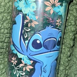 Disney Parks Green Floral Stitch Acrylic Tumbler Cup With Straw 20 oz