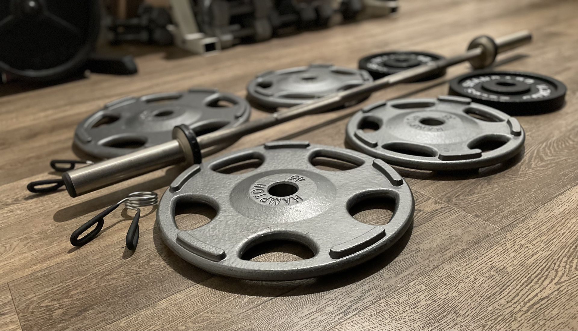 Hampton Set : Barbell 6 ft & Weight Plates [45 and 35 lbs] I Through A New Unboxed 25s Pair.  Total: 238 Pounds.