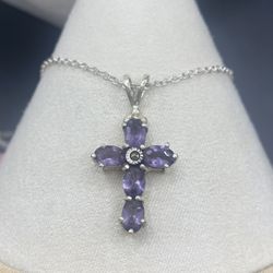 925 Amethyst Marcasite Cross Necklace 