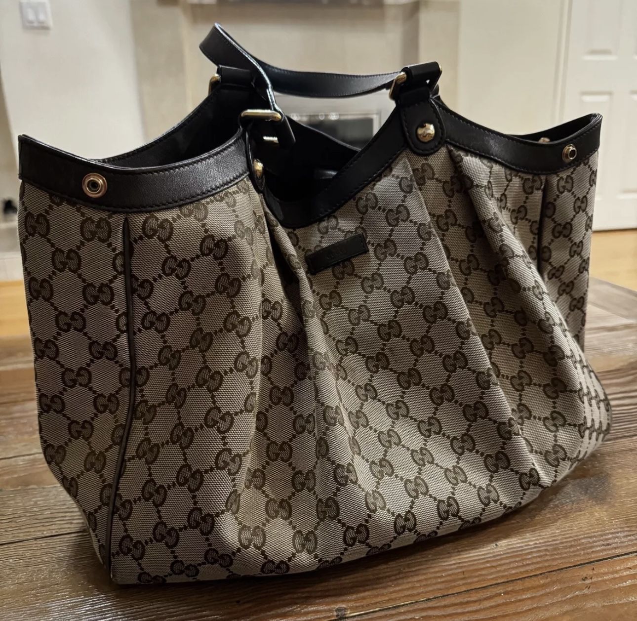 Gucci Leather Tote Brown Canvas Bag Authentic 