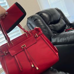 Red Tote Bag With Gold Hardware And Matching Pouch – Spacious And Stylish – $40 Firm