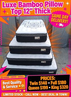 Luxe Bamboo Pillow Top Mattress 12" Thick Queen soze $199