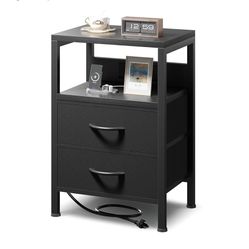BLACK NightStand Bedside Table with Charger Station, with Open Shelf & 2 Fabric Drawers, USB