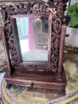 1980 Carved Wood Vanity Mirror with Drawer