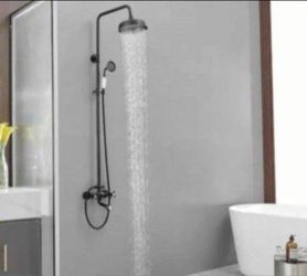 BWE 1-Spray Bathroom Outdoor Wall Bar Shower Kit with Tub Faucet and Double Cross Handle in Matte Black (Valve Included)