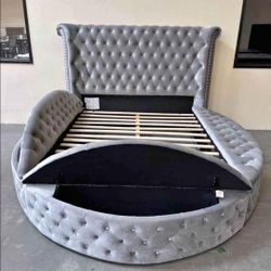 Storage Bed Round Platform Velvet Upholstered Tufted Design Queen & King Home Improvement, Home Decor, Home Garden