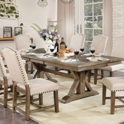 Brand New Rustic Oak & Beige 9pc Formal Dining Table Set