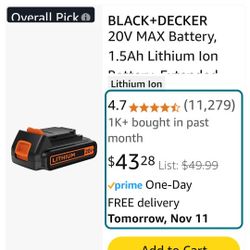 Black +Decker 20volt 1.5ah Lithium Battery 