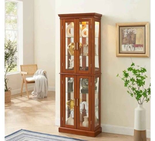 Gabinete Curio iluminado de madera con estantes ajustables de vidrio templado, armario de almacenamiento vintage