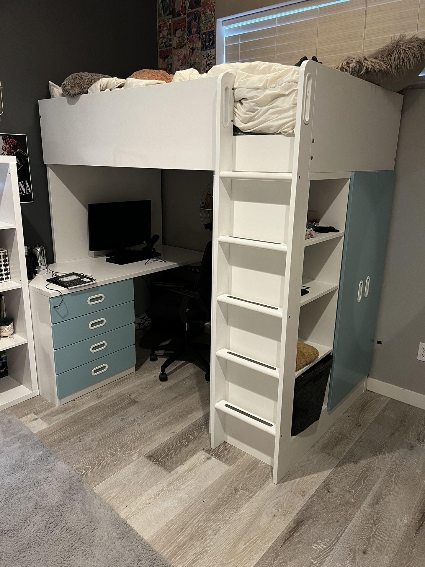 Twin Bunk Bed - IKEA, SMÅSTAD: loft bed, white pale blue/with desk with 4 drawers