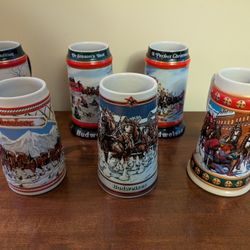 Budweiser Christmas Beer Stein Collection Lot of 6