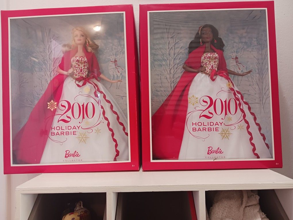 2 Never Opened 2010 Holiday Barbies (Blonde, African American)