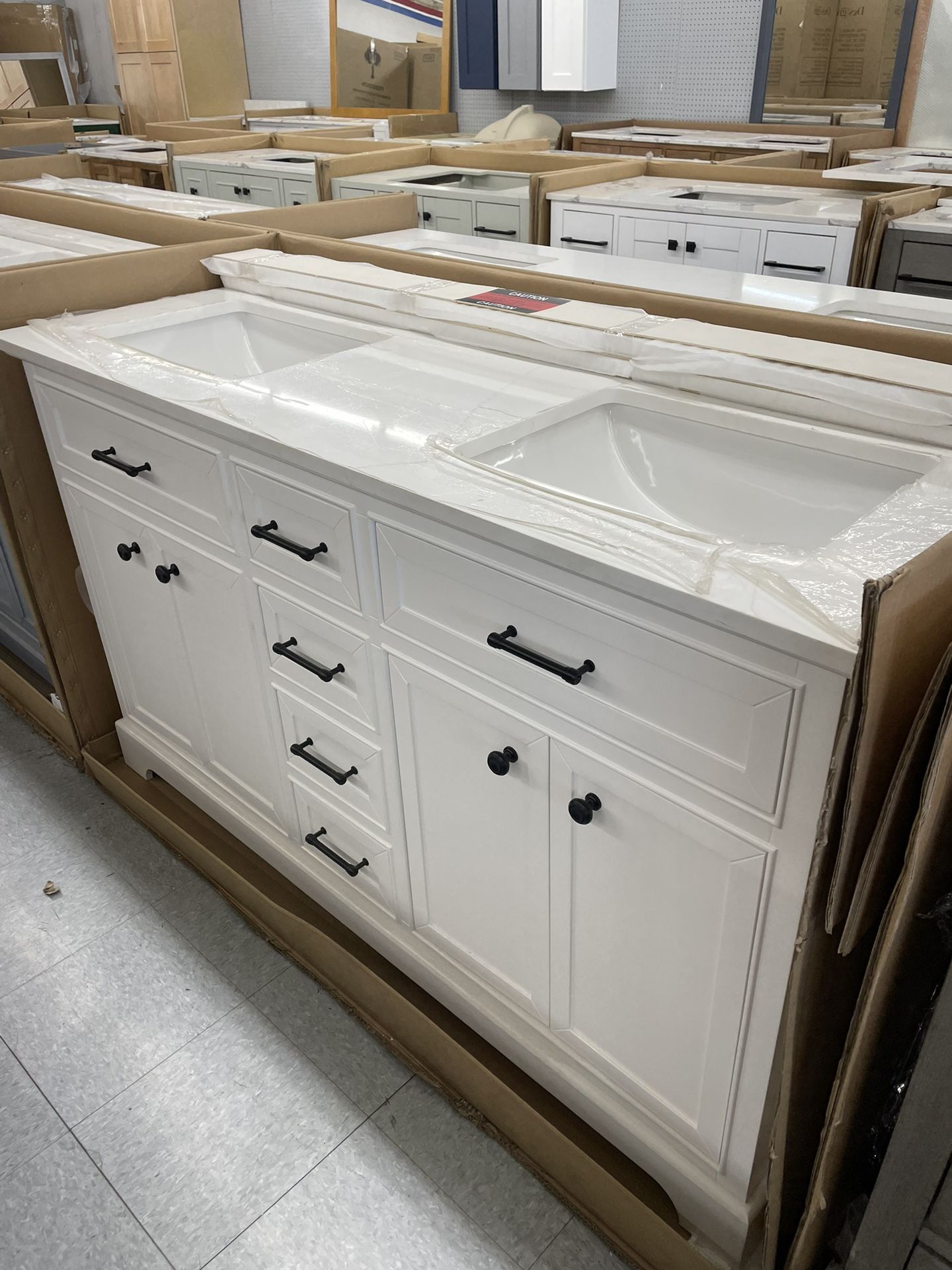 Bathroom Vanity Cabinet 60” Solid Oak Quartz Top With Sinks And Backsplash Bathroom