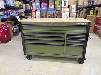 NEW Shop Husky Standard-Duty 52 in. W 10-Drawer Matte Army Green Mobile Workbench Cabinet with Solid Wood Top