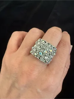 Vintage Silver-Tone Aurora Borealis Rhinestone Adjustable Cocktail Ring