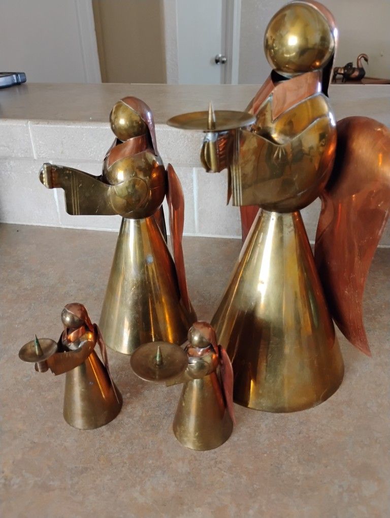 Vintage Set 4 Pc Copper and Brass Angels Candle Holders
