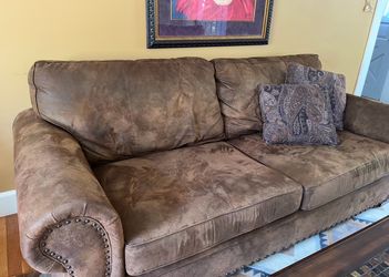 Brown Suede-like Sofa with Nailhead Trim
