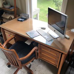 Solid Teak Wood Glass Top Desk With Desk Chair 