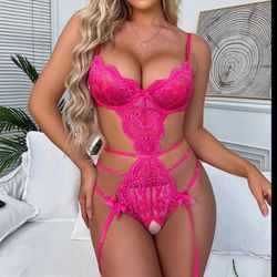 Pink Lace Lingerie Bodysuit Pajama Crotchless Women's Gift