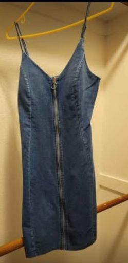 Denim Mini Dress with Zipper Front Spaghetti Strap