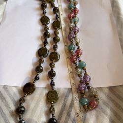 Two Vintage Necklaces With, One With Pretty Glass Beads And The Other With Olive Color Ceramic And Other Gems