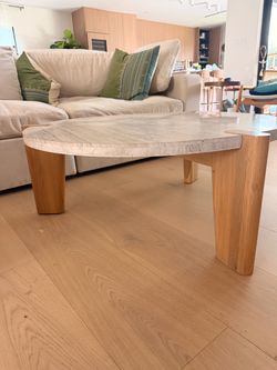 Travertine and oak coffee table