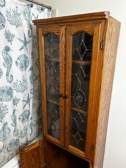 Solid Wood Bathroom Storage Cabinet w/ Decorative Glass Doors