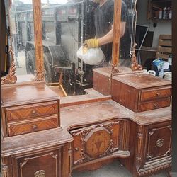 Vintage Wooden Vanity With Mirror 