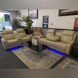 3 Piece  Leather Power Reclining Sofa Set with LED